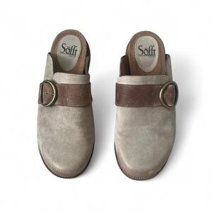 Sofft tan leather clogs with brown strap and buckle